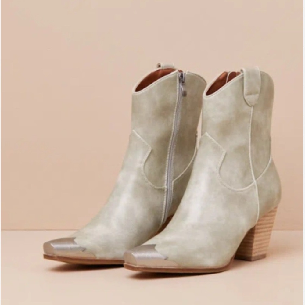 BEAST FASHION Cream Suede Western Ankle Heeled Boots